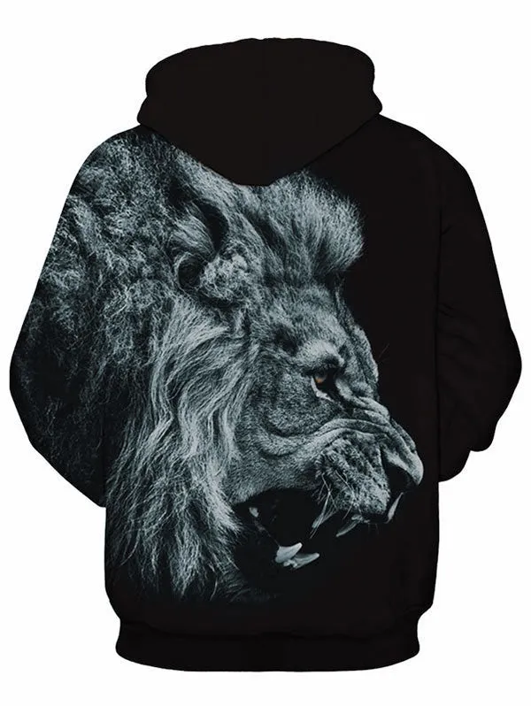 Men's Kangaroo Pocket 3D Roaring Lion Print Drawstring Hoodie