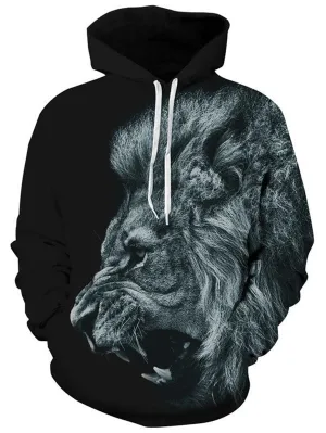 Men's Kangaroo Pocket 3D Roaring Lion Print Drawstring Hoodie