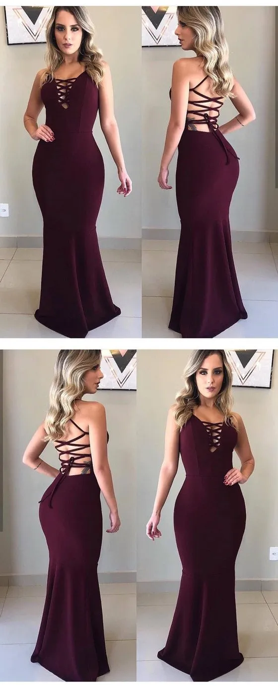 Mermaid Floor-length V-neck  Sexy Lace Up Back Long Prom Dresses, PD0144