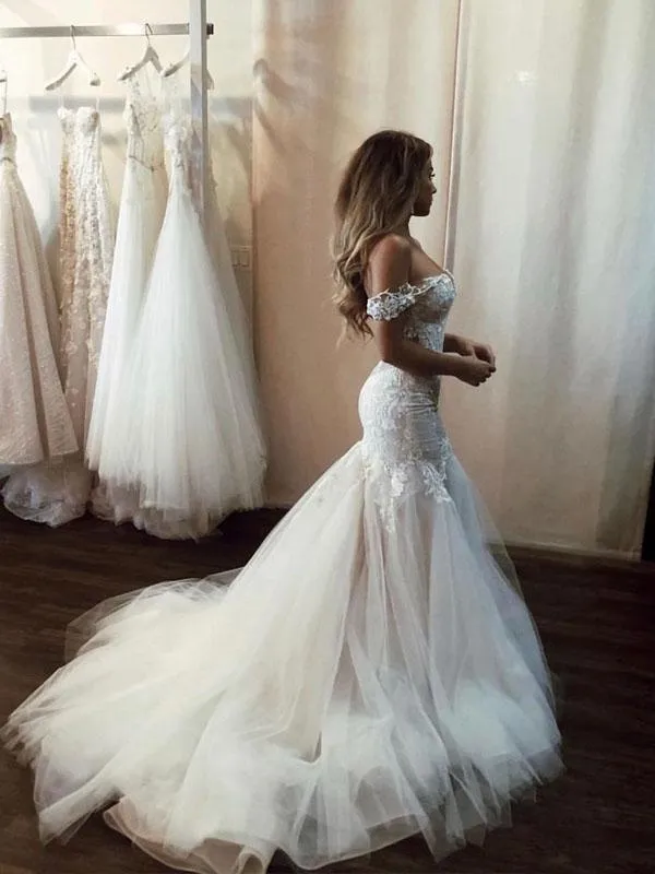 Mermaid Off-shoulder V-neck Appliques Long Tulle Wedding Dresses, WD0470