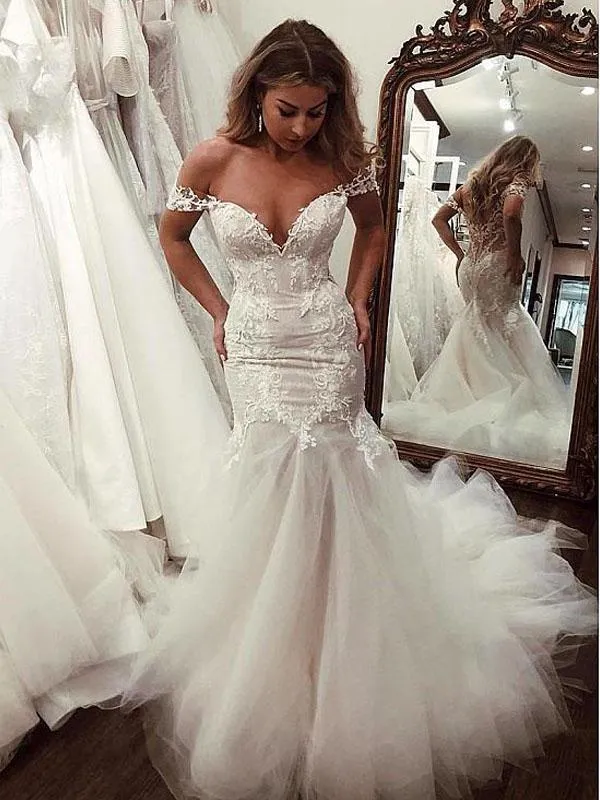 Mermaid Off-shoulder V-neck Appliques Long Tulle Wedding Dresses, WD0470