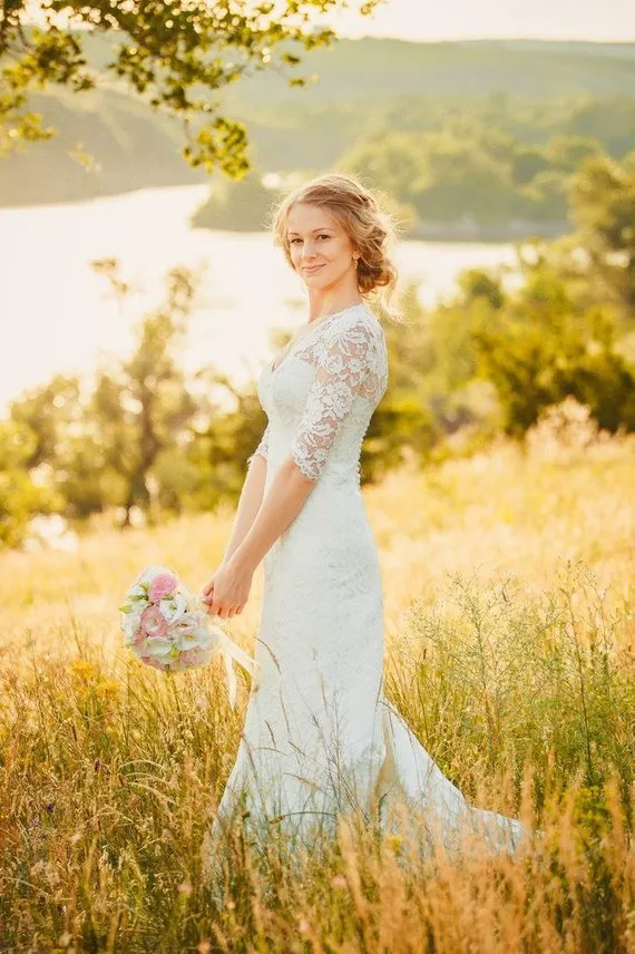 Mermaid V-neck 3/4 sleeves Open-back Country style Wedding Dress With Train, WD0384