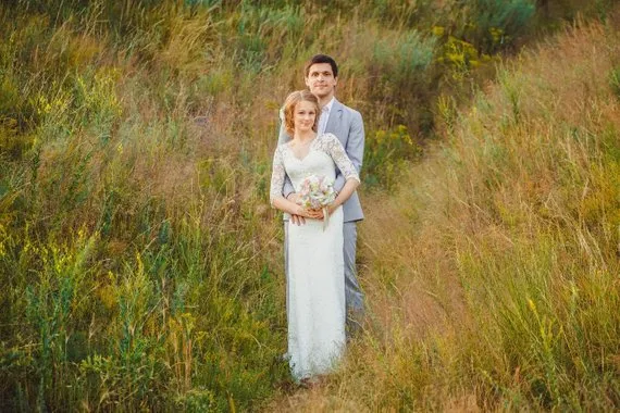 Mermaid V-neck 3/4 sleeves Open-back Country style Wedding Dress With Train, WD0384