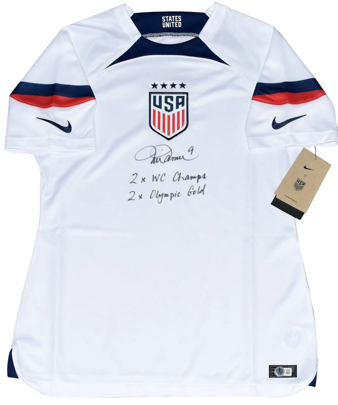 MIA HAMM SIGNED USWNT TEAM USA WOMEN'S NIKE SOCCER JERSEY W/ 2x OLYMPIC GOLD