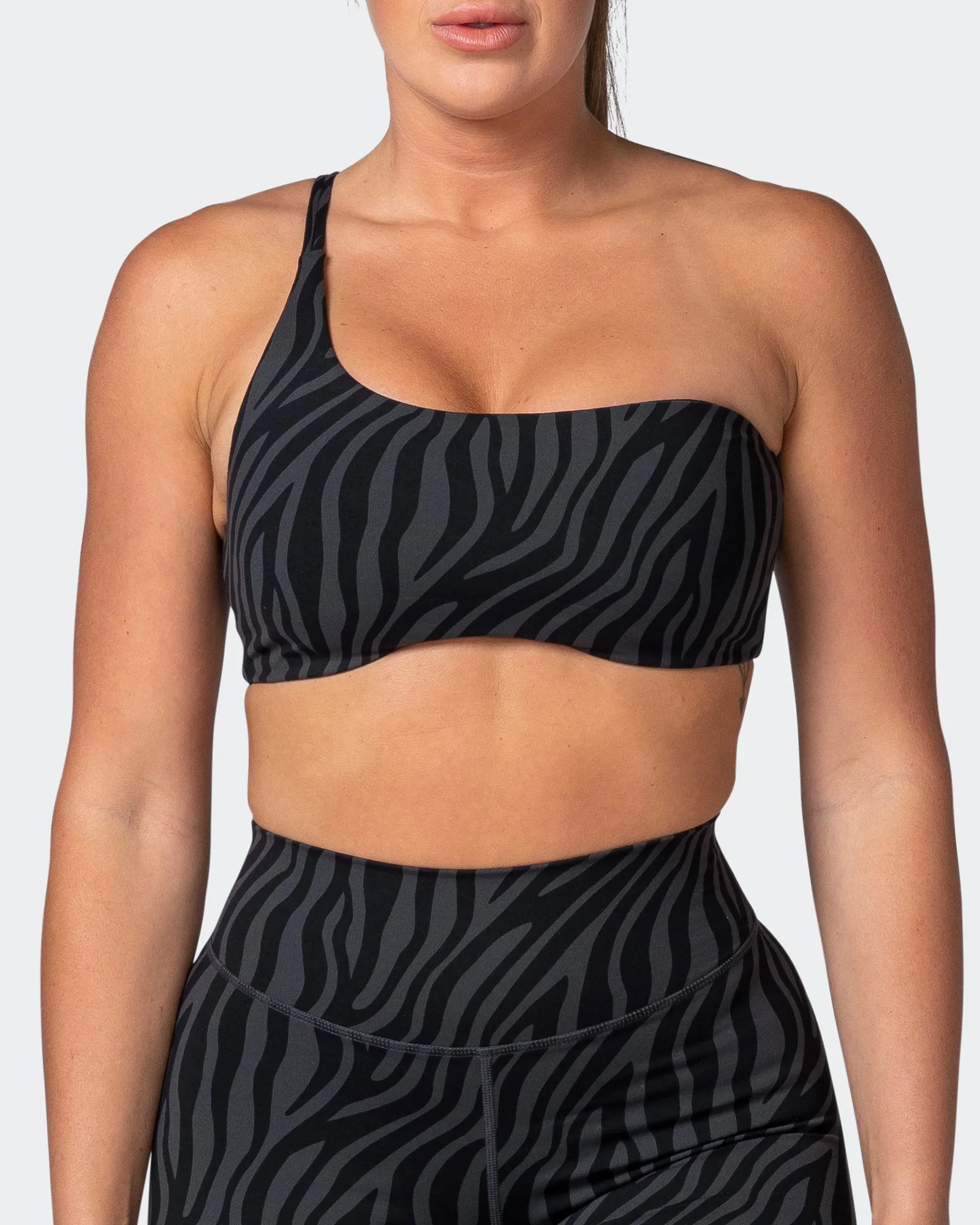 Movement One Shoulder Bralette - Monochrome Zebra Print
