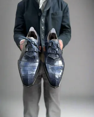 Navy Blue Alligator Leather Teruel Derby Shoes - Formal Shoes
