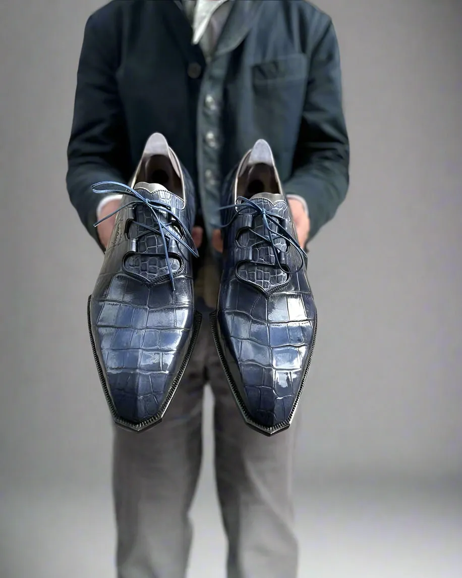 Navy Blue Alligator Leather Teruel Derby Shoes - Formal Shoes