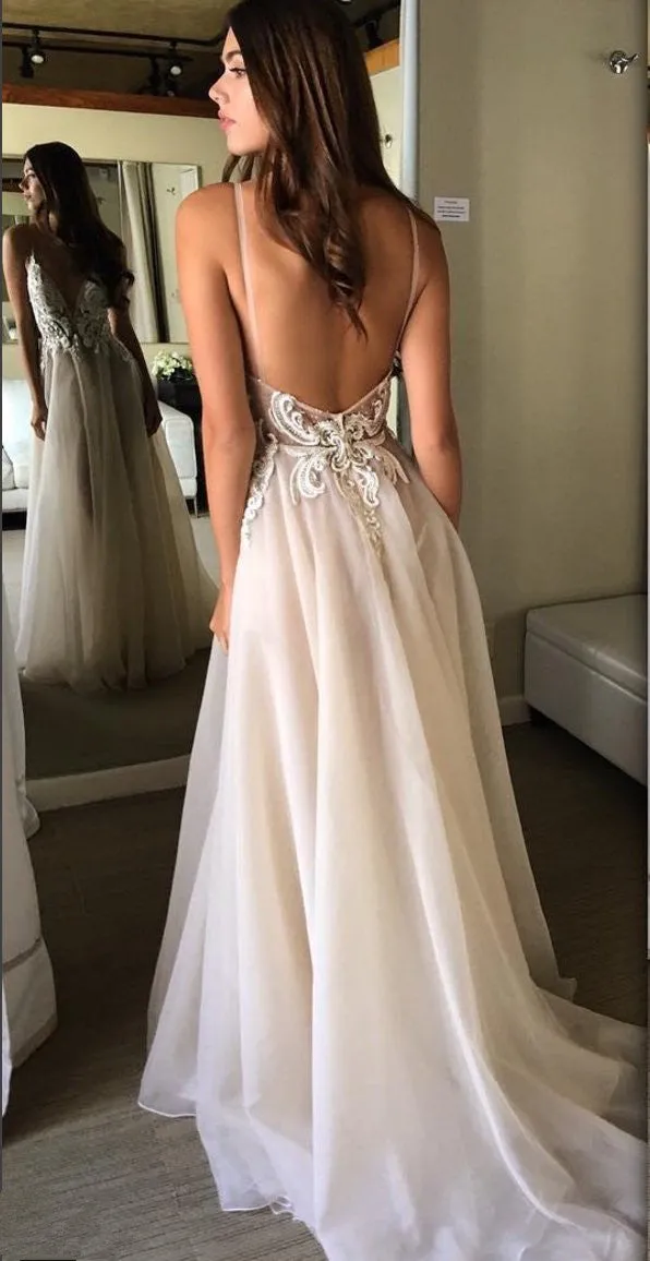 New Arrival A-line deep Sleeveless V-neck Appliques sexy Spaghetti Strap long Prom dresses, PD0524