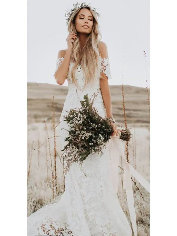 New Arrival Ivory Mermaid Lace Off the Shoulder Beach Wedding Dresses OKF85
