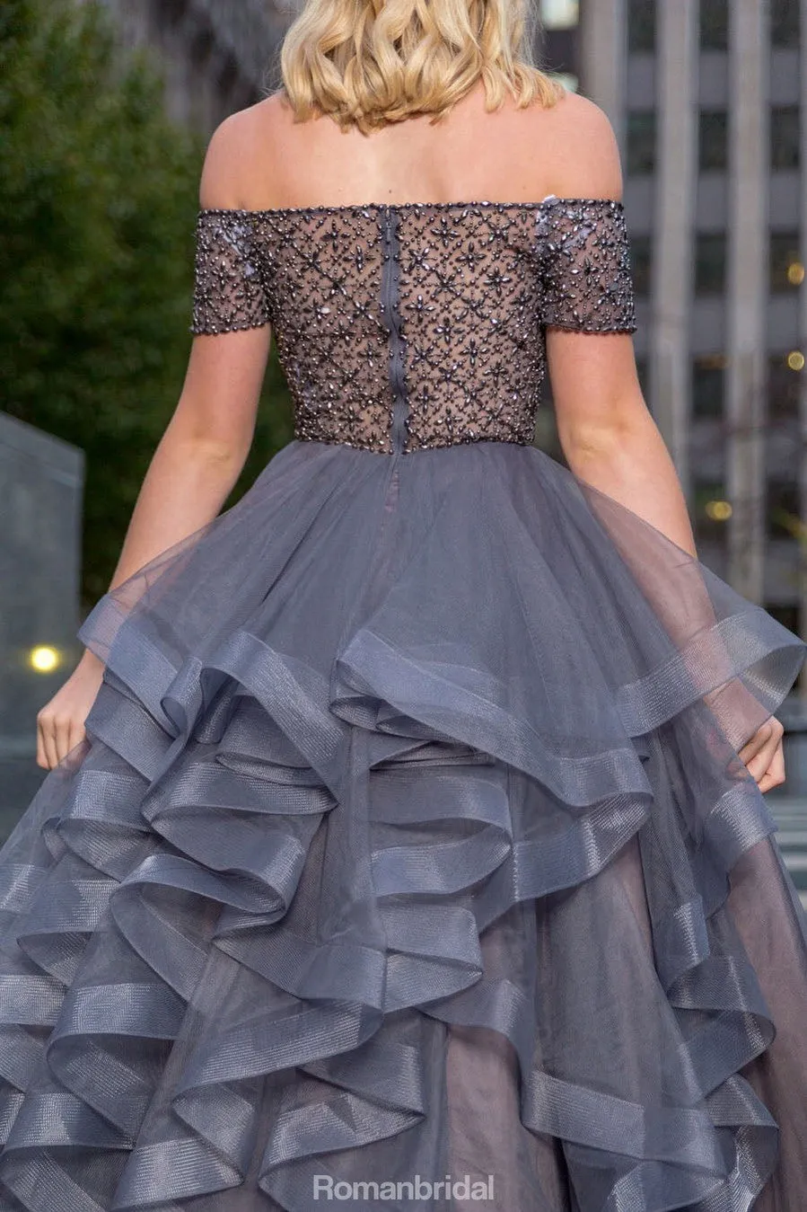 New Arrival off-shoulder grey organza beading Floor-length Party dress, long prom dresses, PD0522