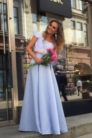 New Light Blue Satin 2 Pieces Lace Top Floor Length Prom Dress OK891