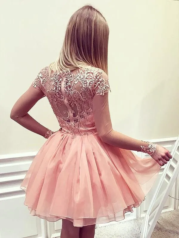 Newest Long Sleeves Lace Appliques Top Zipper Back Short Homecoming Dresses, HD0479