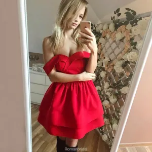 Newest Off-the-Shoulder Red Simple Cheap Short Homecoming Dresses, HD0437