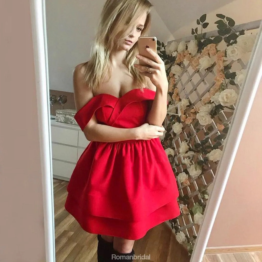 Newest Off-the-Shoulder Red Simple Cheap Short Homecoming Dresses, HD0437