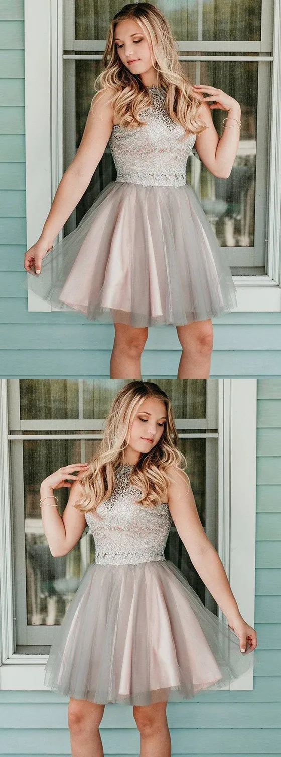 Newest Round Neck Lace Appliques Top Tulle skirt Short Homecoming Dress, HD0414