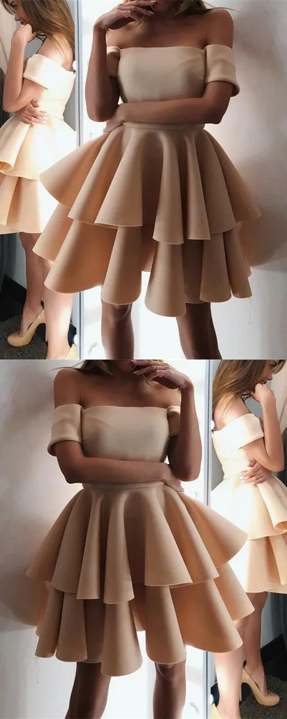Newest Simple A-line Off-shoulder Short Sleeves Homecoming Dresses With Ruffles, HD0419