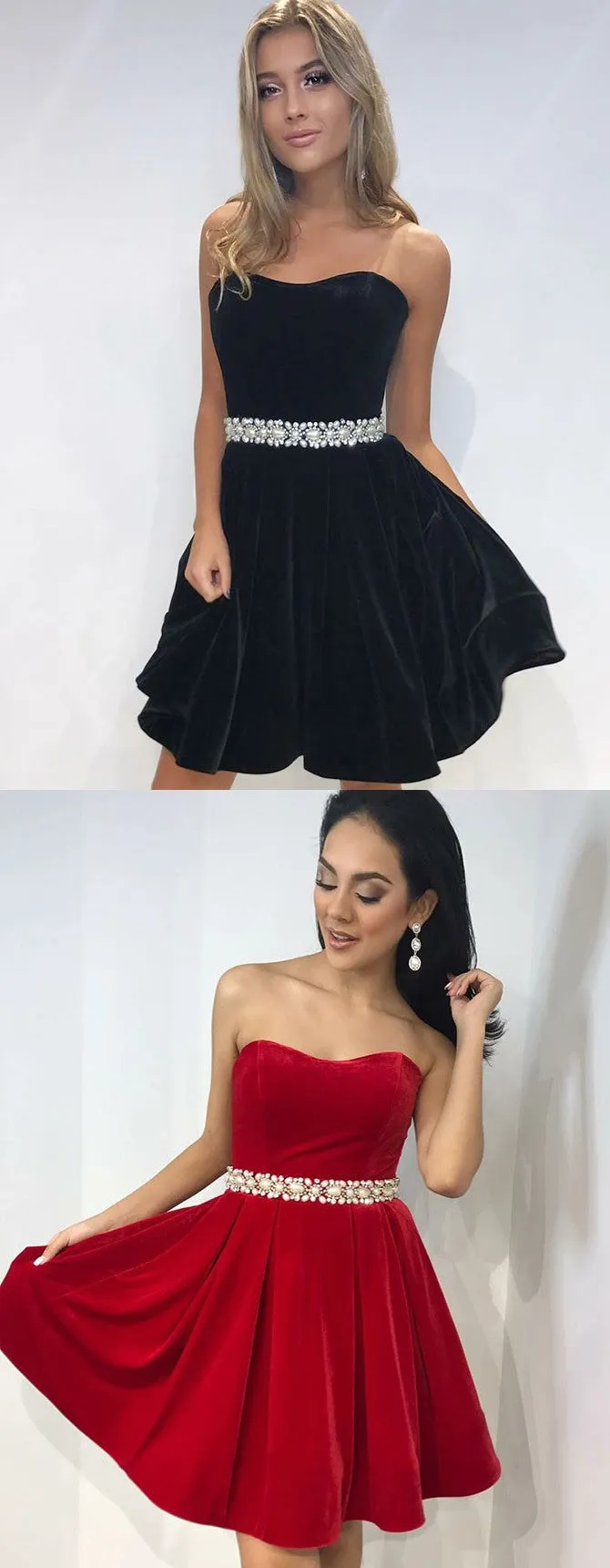 Newest Sweetheart Black Velvet Short Homecoming Dresses With Belt, HD0547