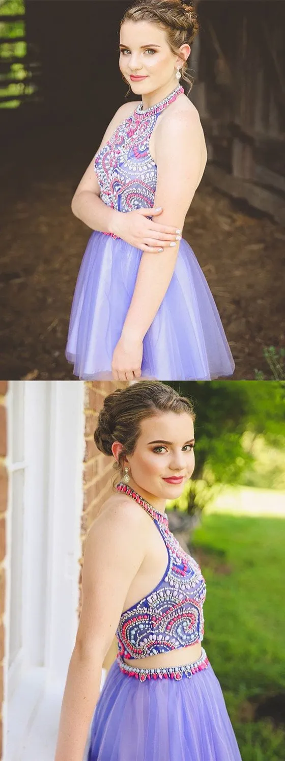 Newest Two Pieces Halter Beading Sleeveless Tulle Homecoming Dresses, HD0459