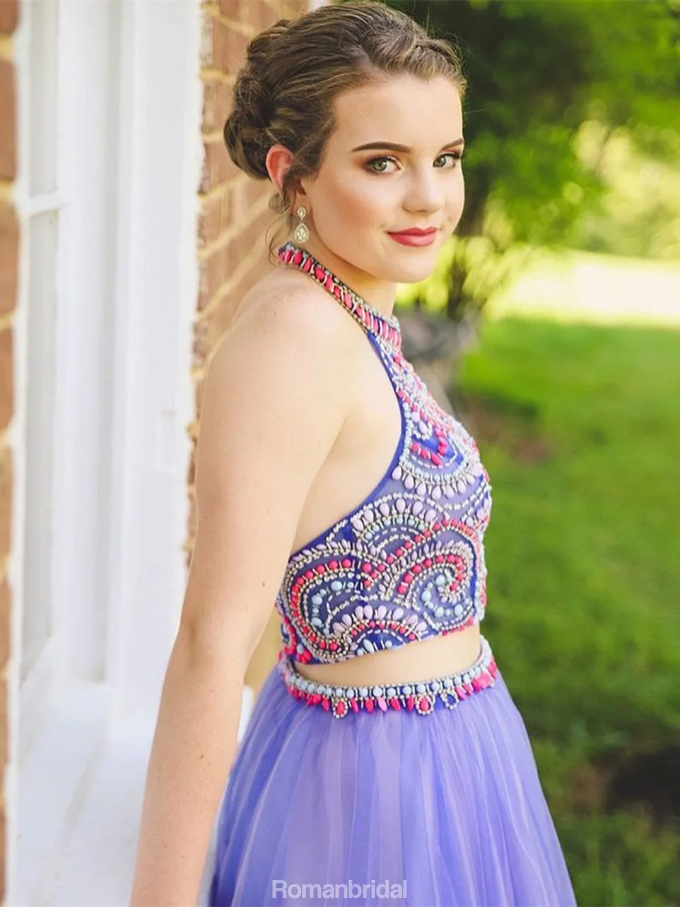 Newest Two Pieces Halter Beading Sleeveless Tulle Homecoming Dresses, HD0459