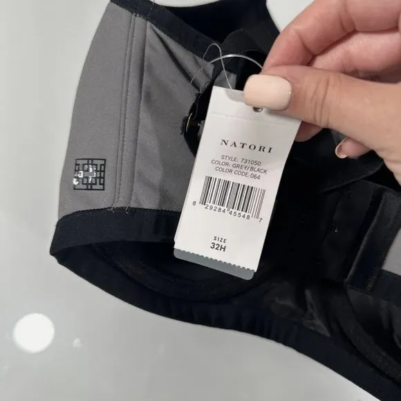 NWT $72 Natori [ 32H ] Yogi‎ Convertible Sports Bra in Grey Black