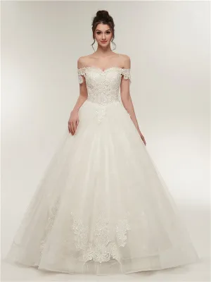Off-shoulder Lace Appliques Top Organza Ball Gown, Ivory Wedding Dresses, WD0463