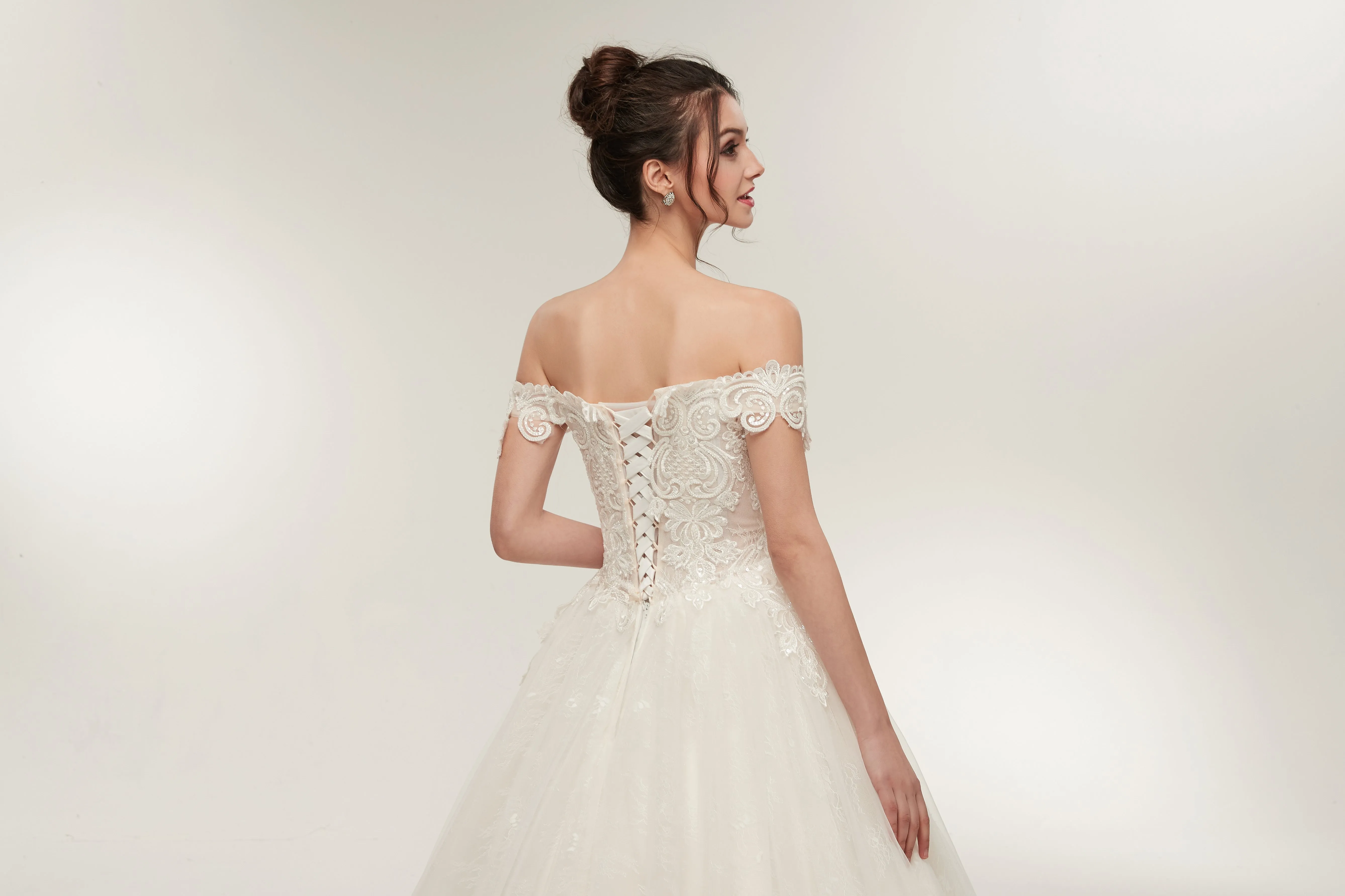 Off-shoulder Lace Appliques Top Organza Ball Gown, Ivory Wedding Dresses, WD0463
