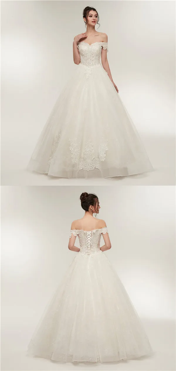 Off-shoulder Lace Appliques Top Organza Ball Gown, Ivory Wedding Dresses, WD0463