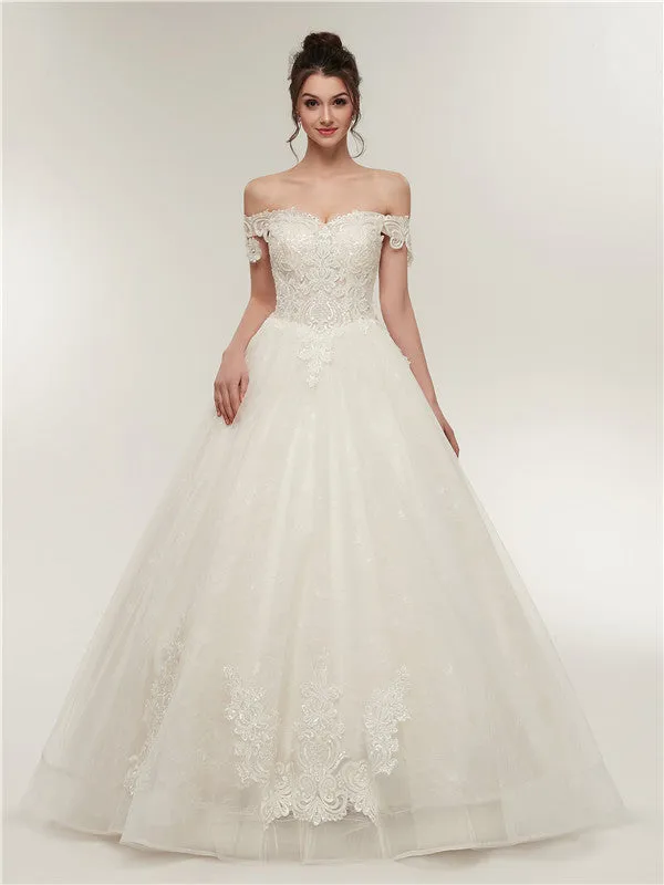 Off-shoulder Lace Appliques Top Organza Ball Gown, Ivory Wedding Dresses, WD0463