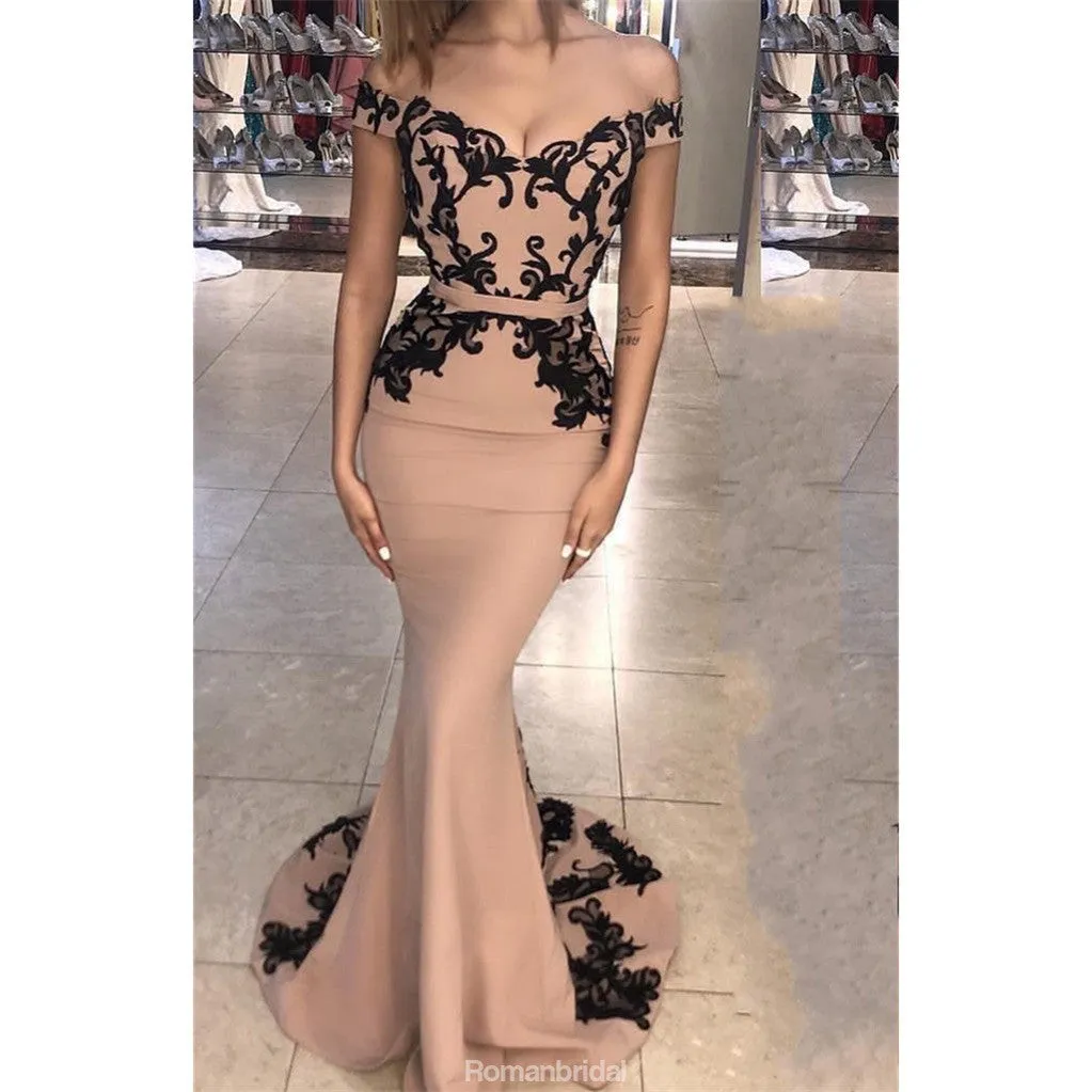 Off-shoulder Mermaid Black Lace Appliques Train Prom Dress, PD0617