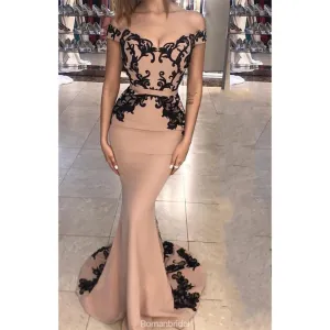 Off-shoulder Mermaid Black Lace Appliques Train Prom Dress, PD0617