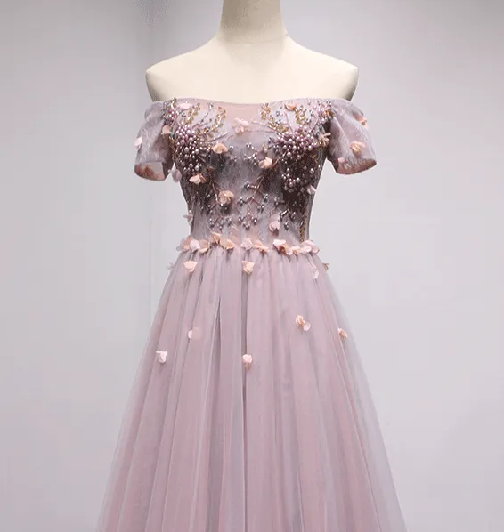 Off Shoulder Purple Short Sleeve A-line Long Evening Prom Dresses, 17619