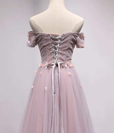 Off Shoulder Purple Short Sleeve A-line Long Evening Prom Dresses, 17619