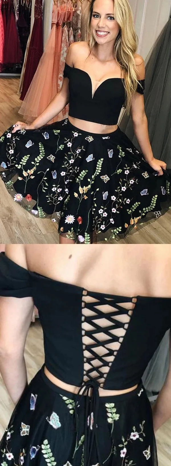 Off-shoulder V-neck Two-pieces Embroidered Homecoming Dresses, HD0535