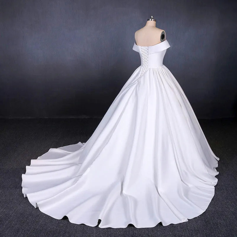 Off the Shoulder White Ball Gown Simple Wedding Dresses, Satin Bridal Gown OKQ20