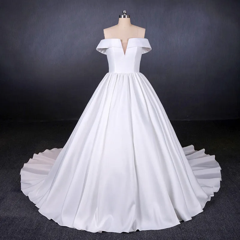 Off the Shoulder White Ball Gown Simple Wedding Dresses, Satin Bridal Gown OKQ20