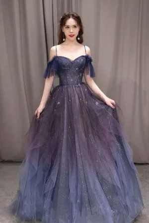 Ombre A Line Dark Purple Tulle Long Prom Dress Evening Party Dress OK1162