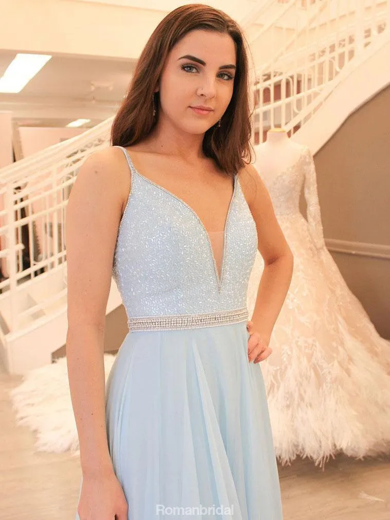 Popular Long A-line chiffon prom dresses, Spaghetti Strap Deep V-neck sexy prom dresses,  PD0104