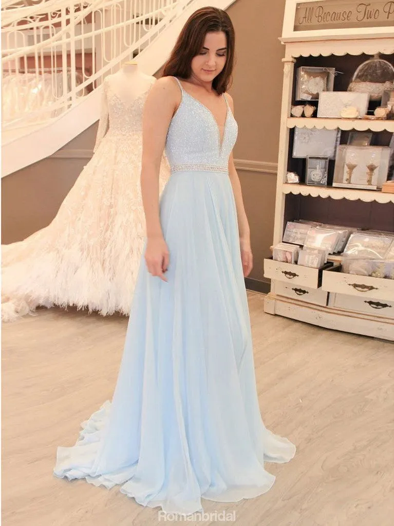 Popular Long A-line chiffon prom dresses, Spaghetti Strap Deep V-neck sexy prom dresses,  PD0104
