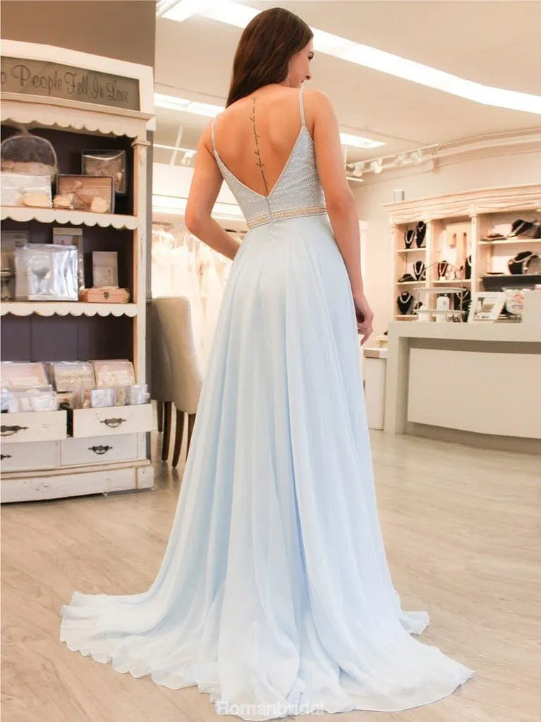 Popular Long A-line chiffon prom dresses, Spaghetti Strap Deep V-neck sexy prom dresses,  PD0104