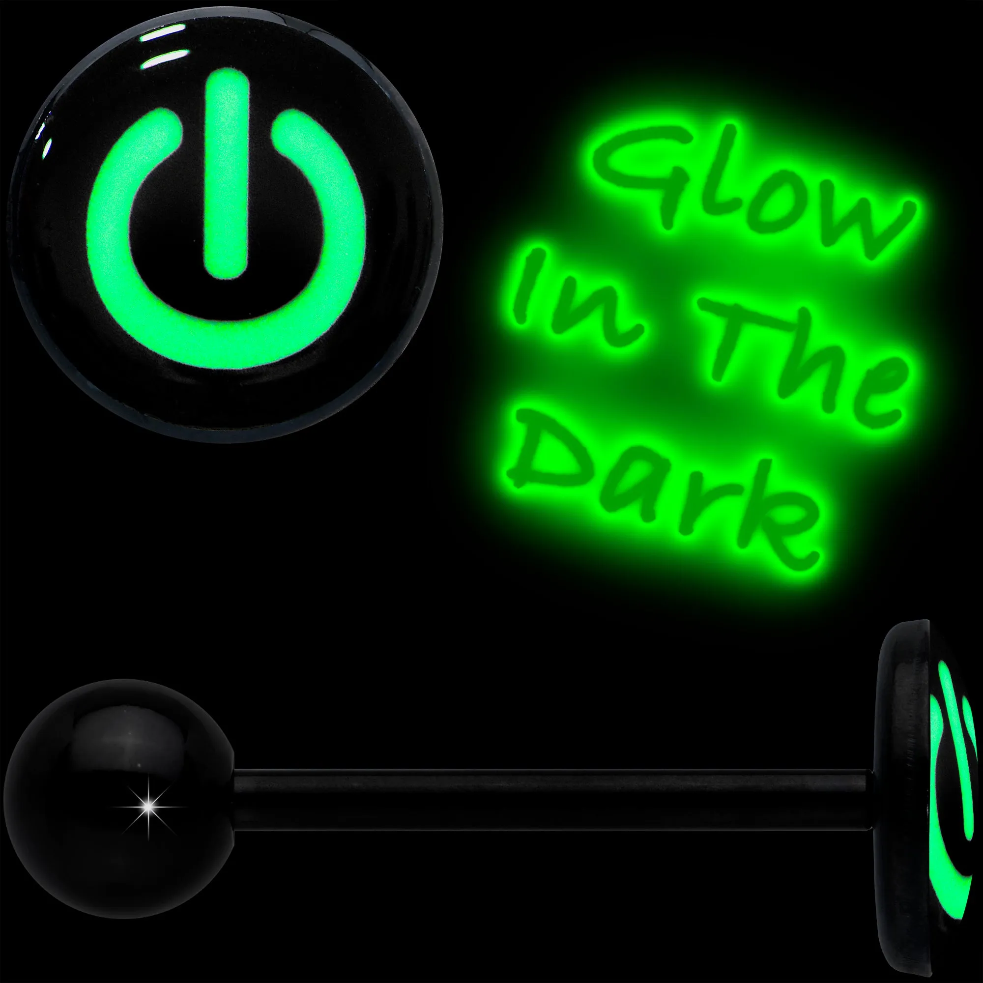 Power Button Glow in the Dark Black Anodized Barbell Tongue Ring