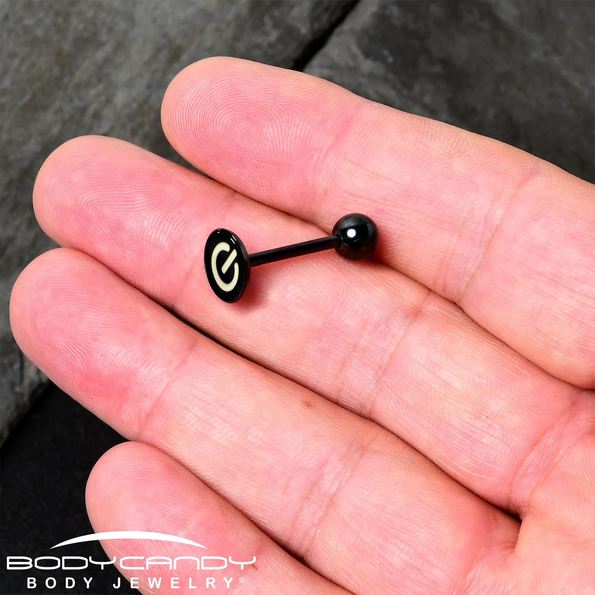 Power Button Glow in the Dark Black Anodized Barbell Tongue Ring