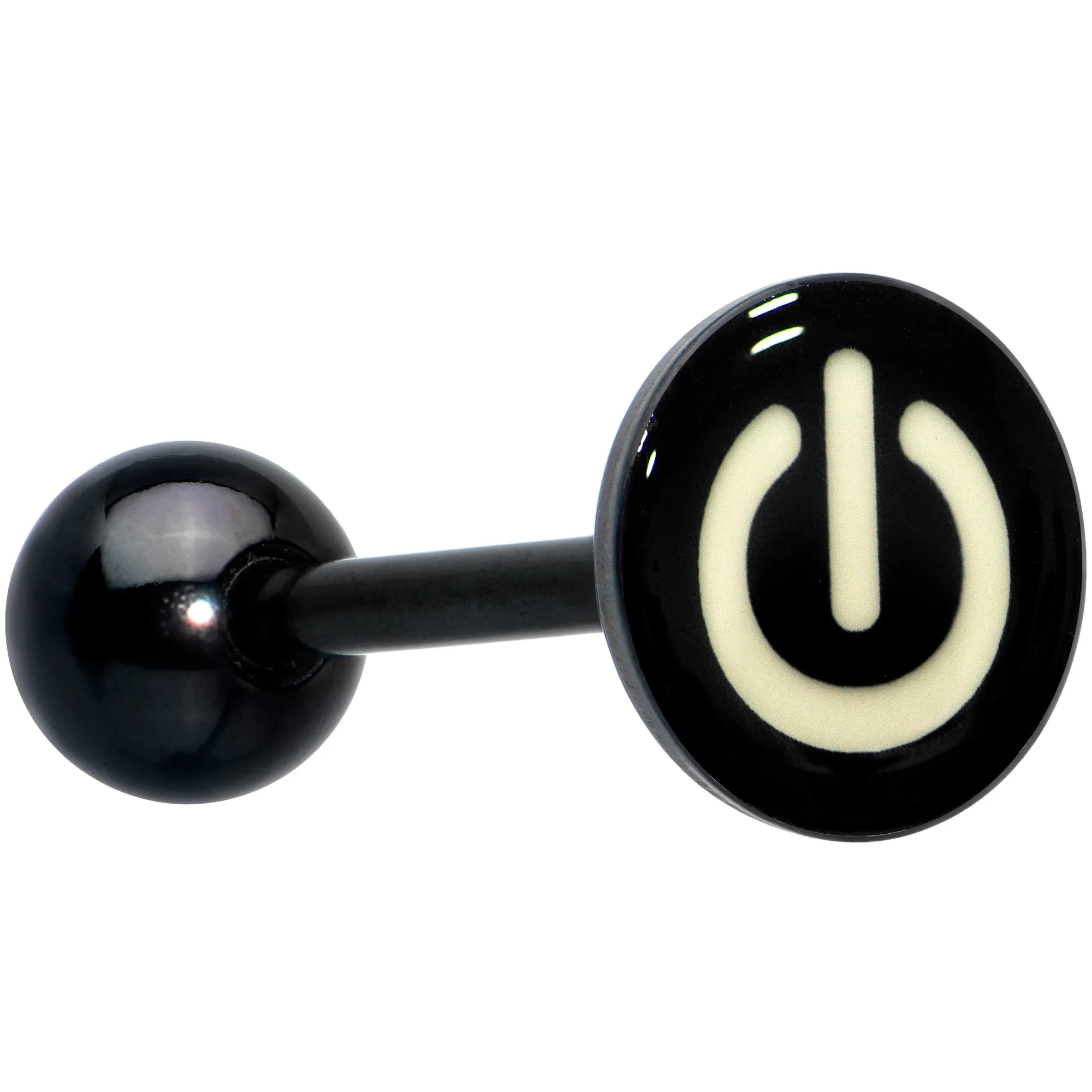 Power Button Glow in the Dark Black Anodized Barbell Tongue Ring