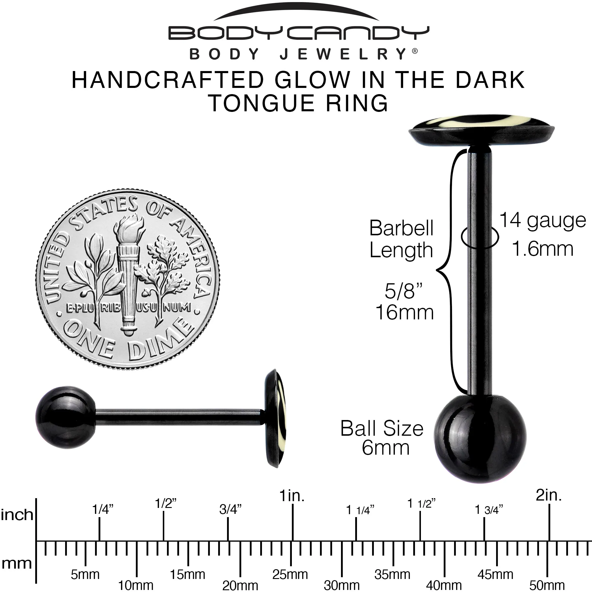 Power Button Glow in the Dark Black Anodized Barbell Tongue Ring
