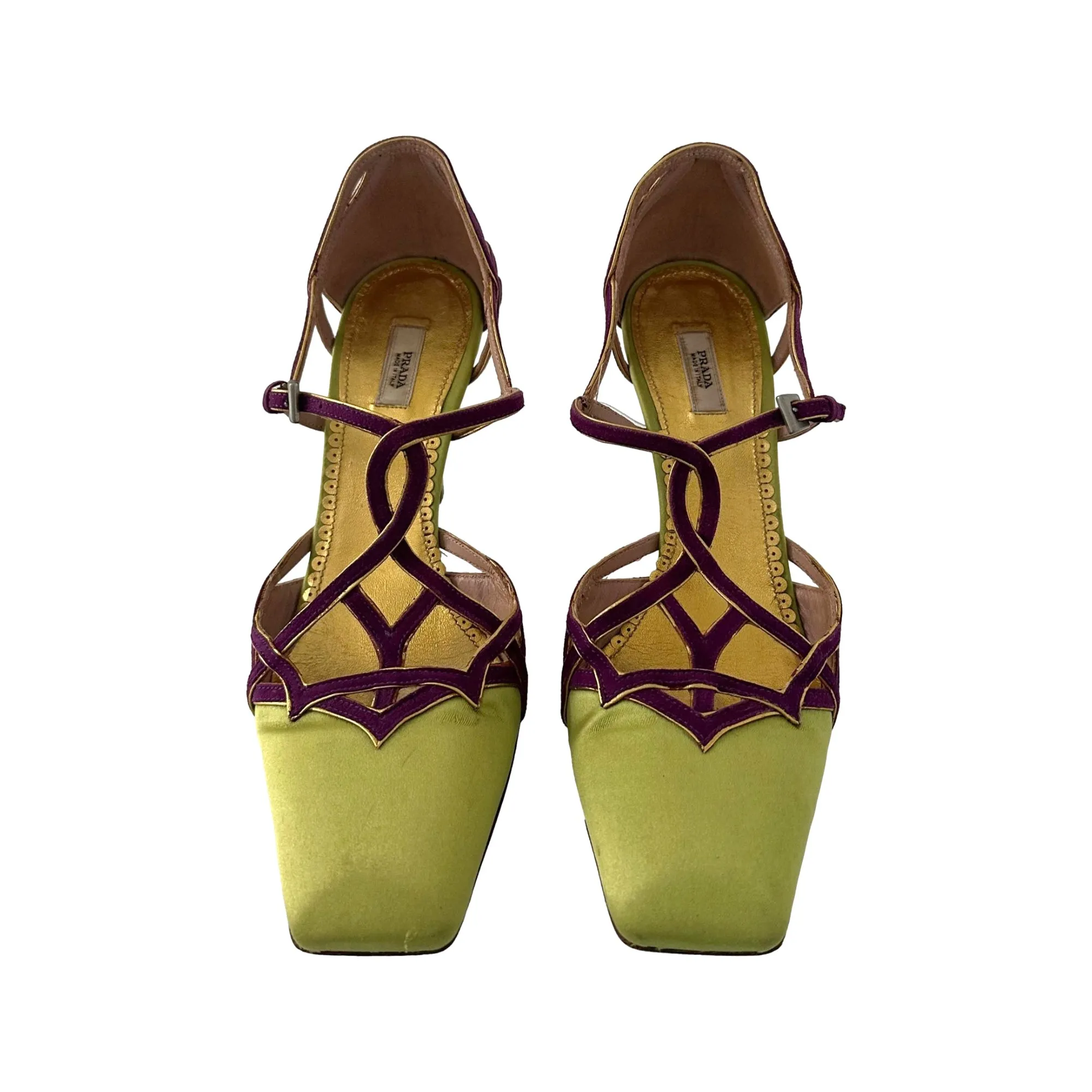 Prada Lime Green and Purple Satin Heels