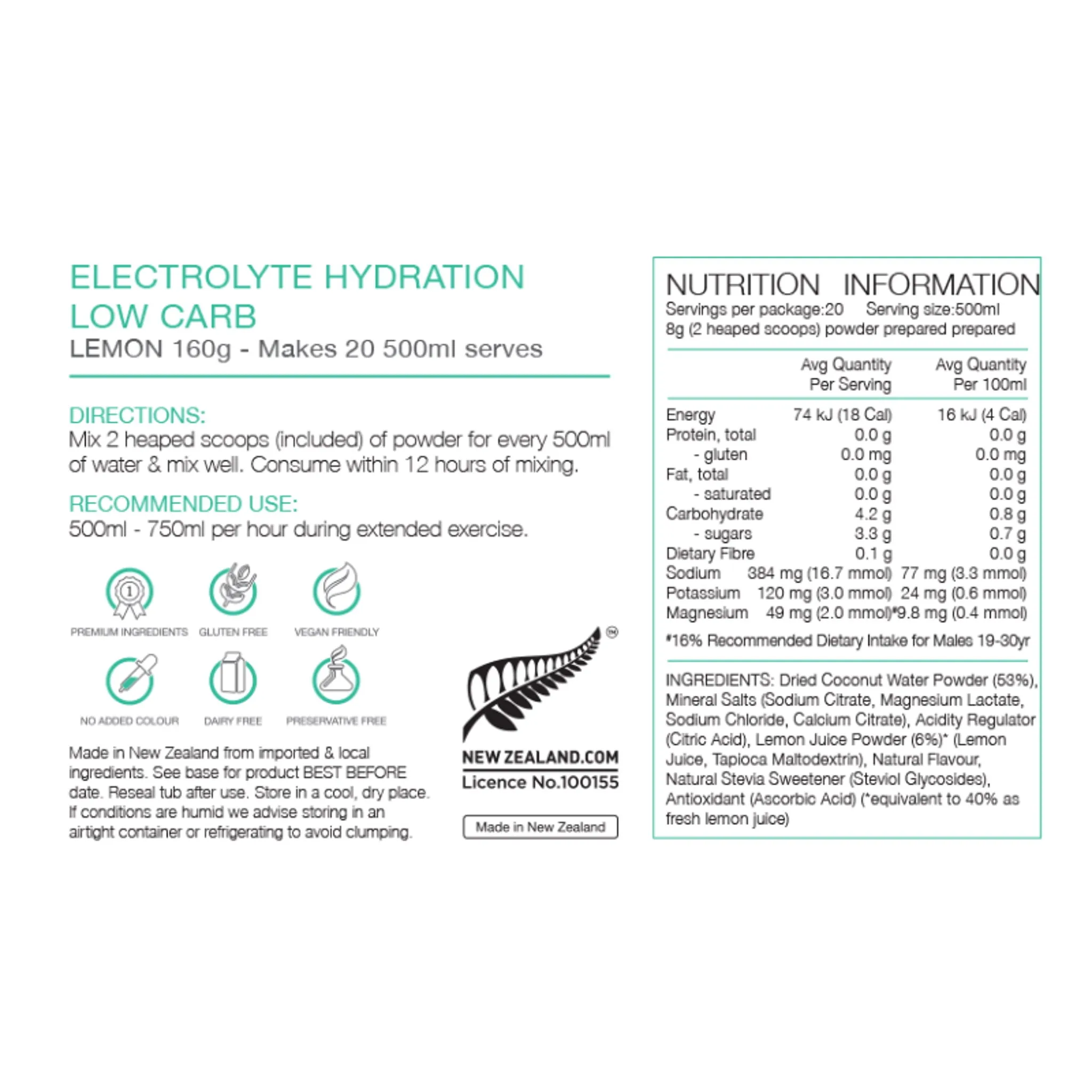 PURE Low Carb Electrolyte Drink 160g Lemon