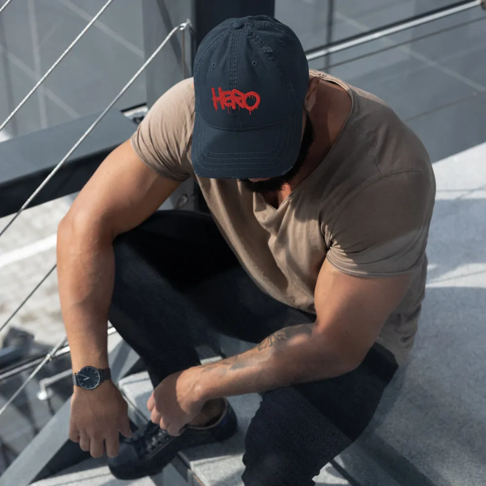 "Hero" Distressed Dad Hat design by Hero.
