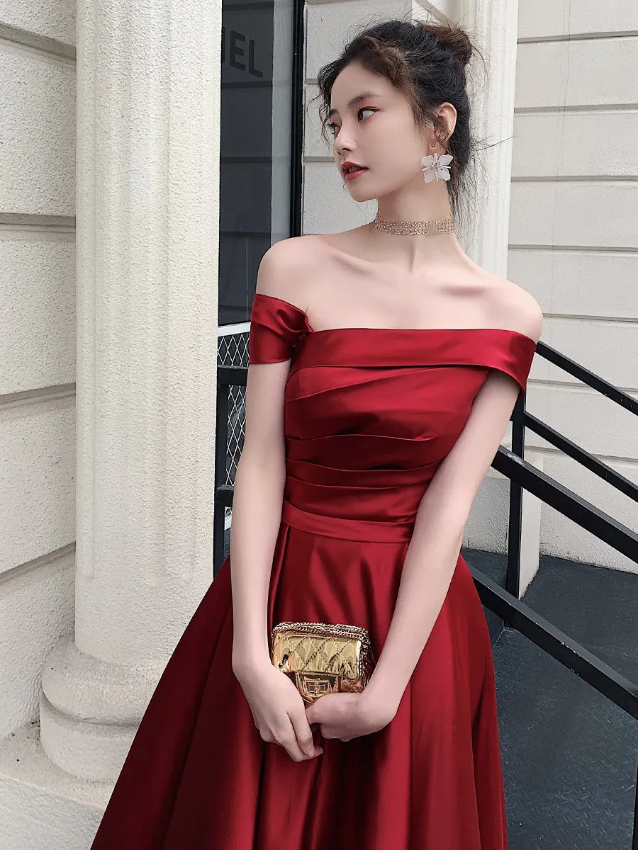 Red Satin Off Shoulder Fashionable Long Prom Dress, New Style Party Dress
