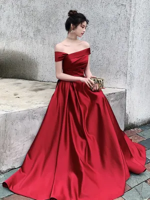 Red Satin Off Shoulder Fashionable Long Prom Dress, New Style Party Dress