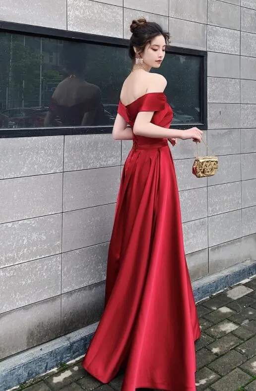 Red Satin Off Shoulder Fashionable Long Prom Dress, New Style Party Dress