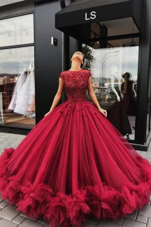 Red Tulle Appliques Ball Gown Prom Dress, Sweet 16 Dress,Quinceanera Dresses OK920